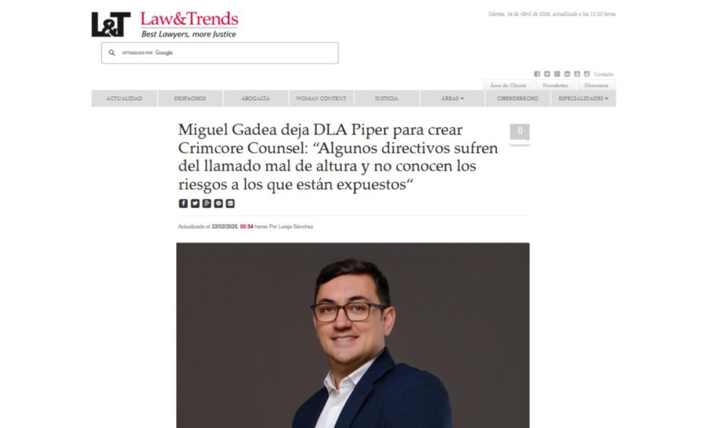Captura de la entrevista de Law and Trends a Miguel Gadea, de Crimcore Counsel